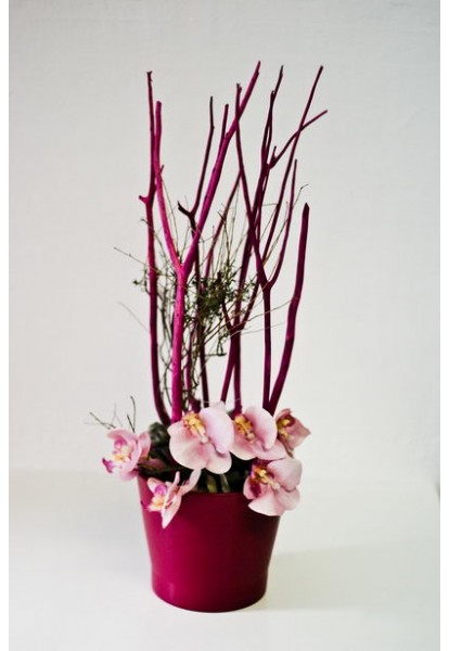 Aranžmá z umělé orchidee v sytě růžovém květináči